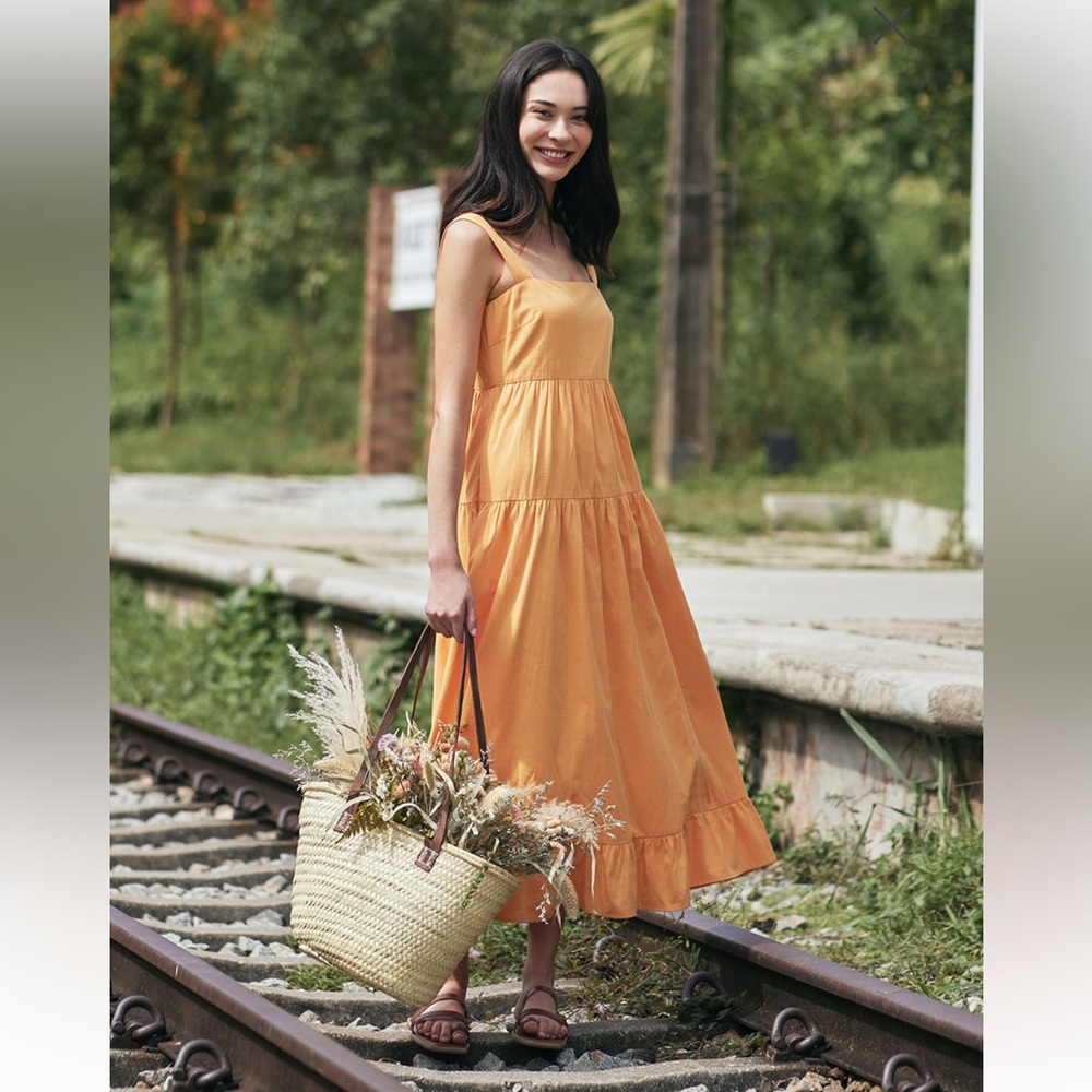 New LOVE,BONITO Leona Linen Tiered Maxi Dress in Butternut Color